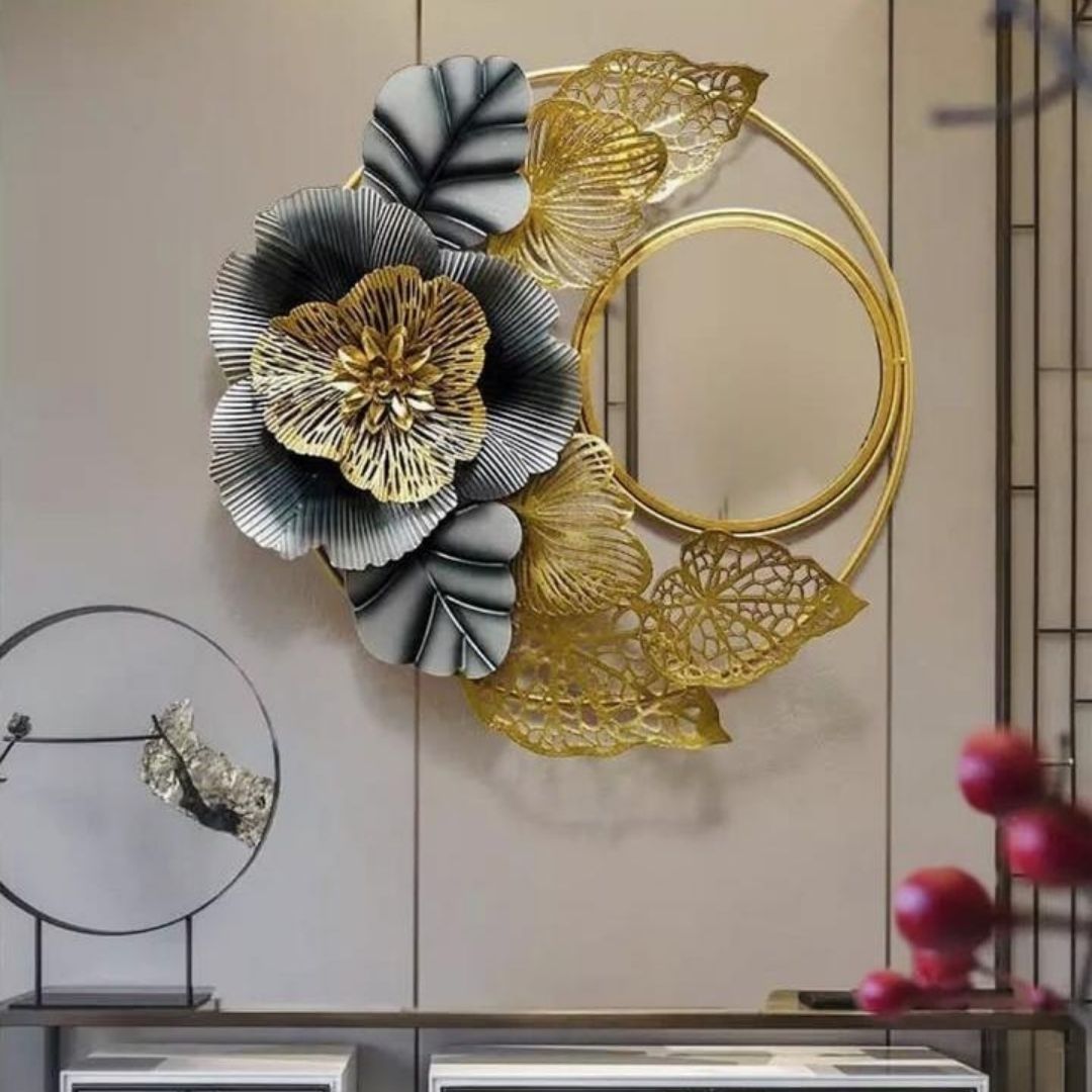 Flowery Mirror Metal Wall Art for Bed Room (32 x 32 Inches)-abstract wall art-Hansart-abstract metal wall art-Made of Premium-Quality Iron Metal-Perfect for your living room, bedroom, hall, office reception, guest room, and hotel reception-The product is packed by professionals for safe delivery Designed to make your home look complete-"Hansart Made In India because India itself is an art".