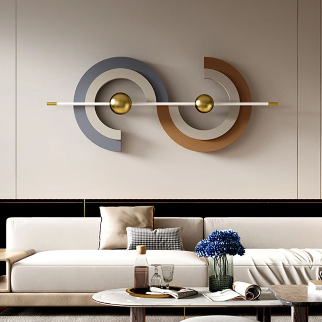 Geometric Harmony in Gold and Grey Metal Wall Art (48 x 18 Inches)