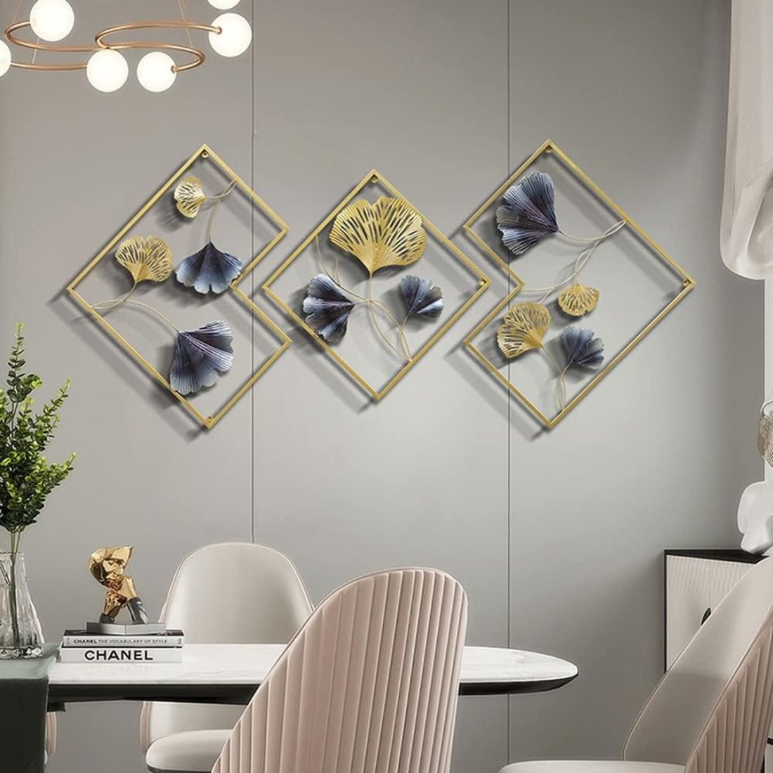 Split Panel Leaves Diamond Frames Metal Wall Art (60 x 21 Inches)