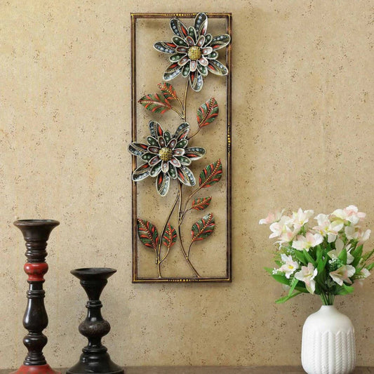 Blooming Flower and Leaves Vertical Frame Metal Wall Art (9 x 24 Inches)