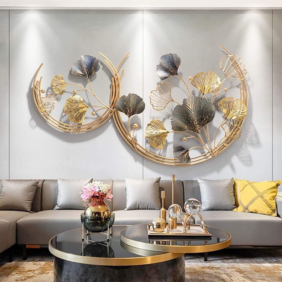 Golden Semi Double Ring with Leaves Metal Wall Art (50 x 30 Inches)-abstract wall art-Hansart-abstract metal wall art-Made of Premium-Quality Iron Metal-Perfect for your living room, bedroom, hall, office reception, guest room, and hotel reception-The product is packed by professionals for safe delivery Designed to make your home look complete-"Hansart Made In India because India itself is an art".