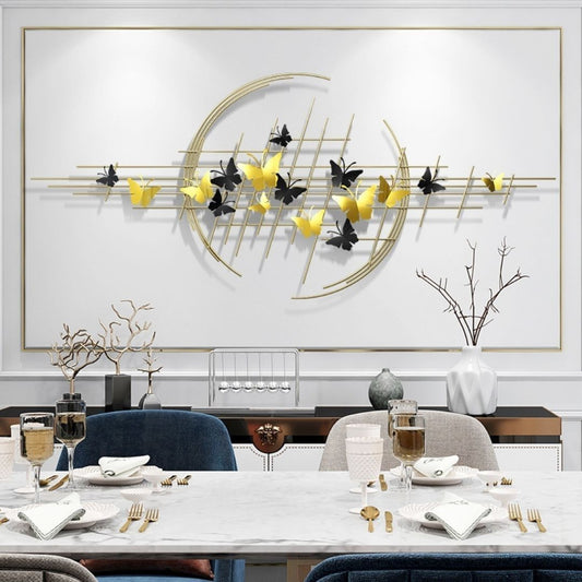 Yellow N Black Butterflies In Ring Metal Wall Art (50 x 24 Inches)-abstract wall art-Hansart-abstract metal wall art-Made of Premium-Quality Iron Metal-Perfect for your living room, bedroom, hall, office reception, guest room, and hotel reception-The product is packed by professionals for safe delivery Designed to make your home look complete-"Hansart Made In India because India itself is an art".