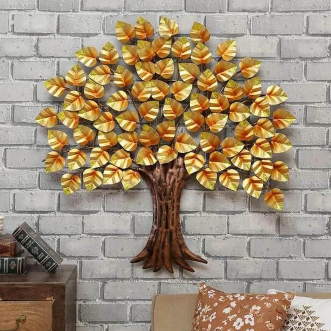 Heart Shaped Golden Leaves Wall Tree For Guest Room (31 x 34 Inches)-Home Decoration-Metal Wall Tree by Hansart Made of Premium-Quality Iron Metal Perfect for your living room, bedroom, hall, office reception, guest room, and hotel reception The product is packed by professionals for safe delivery Designed to make your home look complete "Hansart Made In India because India itself is an art".