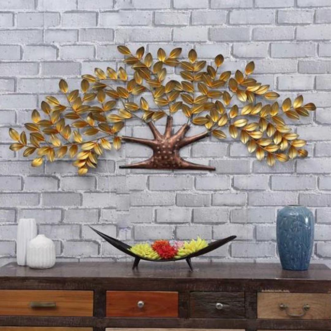 Metal Nano Tree Wall Art With Golden Leaves (54 x 25 Inches)-Home Decoration-Metal Wall Tree by Hansart Made of Premium-Quality Iron Metal Perfect for your living room, bedroom, hall, office reception, guest room, and hotel reception The product is packed by professionals for safe delivery Designed to make your home look complete "Hansart Made In India because India itself is an art".