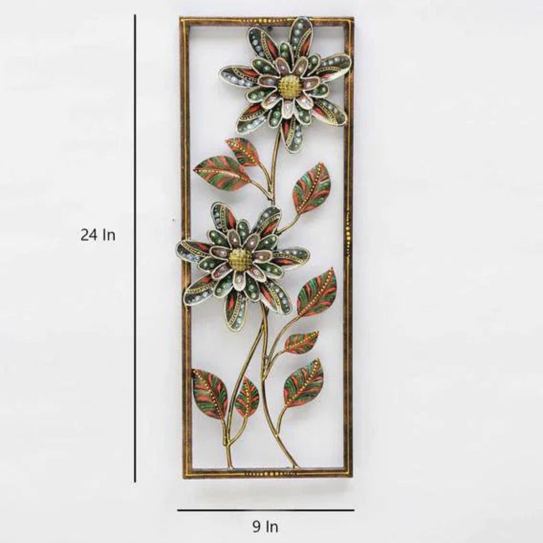 Blooming Flower and Leaves Vertical Frame Metal Wall Art (9 x 24 Inches)