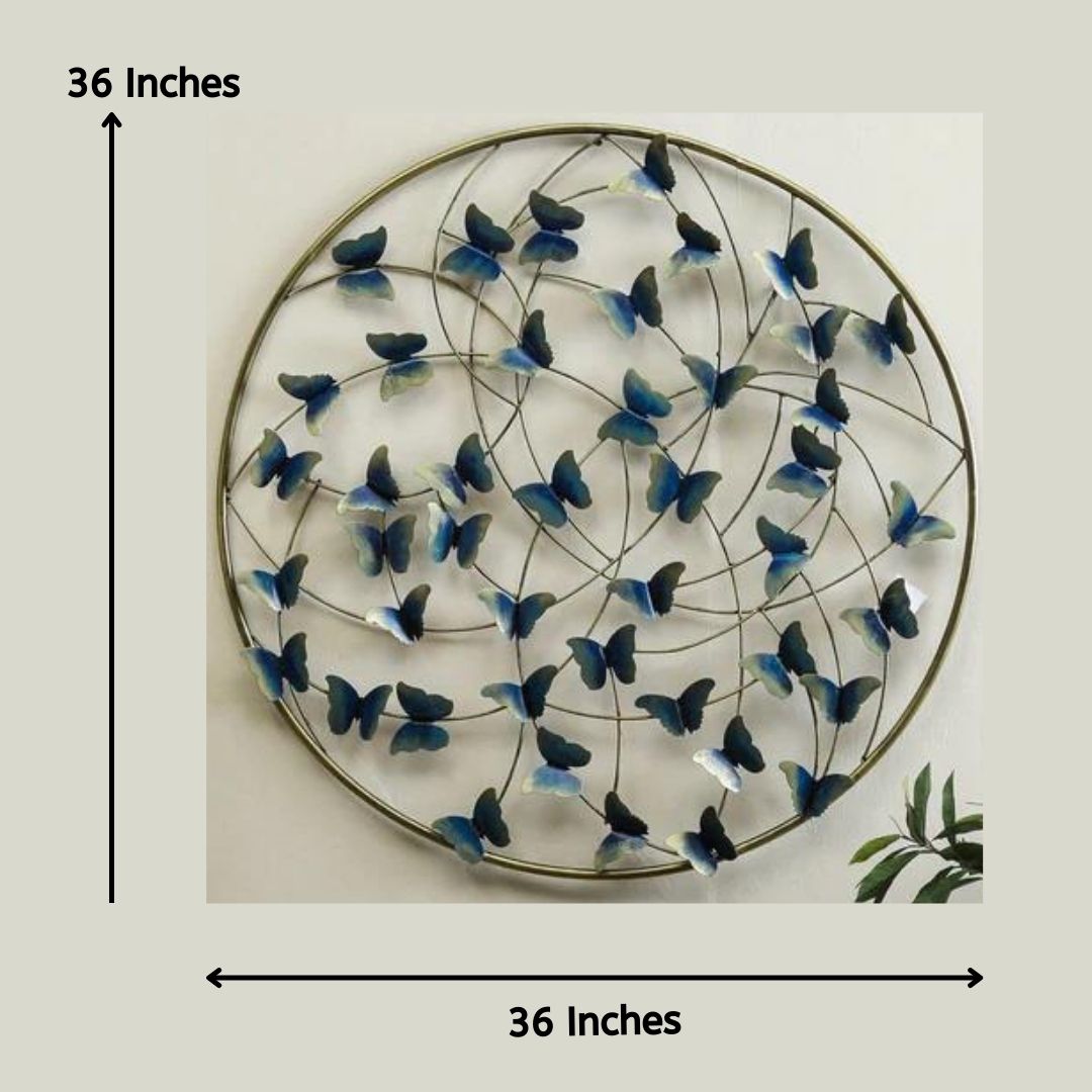 Blue Butterfly Circular Metal Wall Art (36 Inches Dia.)-Home Decoration-Hansart-Wildlife Metal Wall Decor by Hansart-Made of Premium-Quality Iron Metal-Perfect for your living room, bedroom, hall, office reception, guest room, and hotel reception-The product is packed by professionals for safe delivery-Designed to make your home look complete-"Hansart Made In India because India itself is an art".