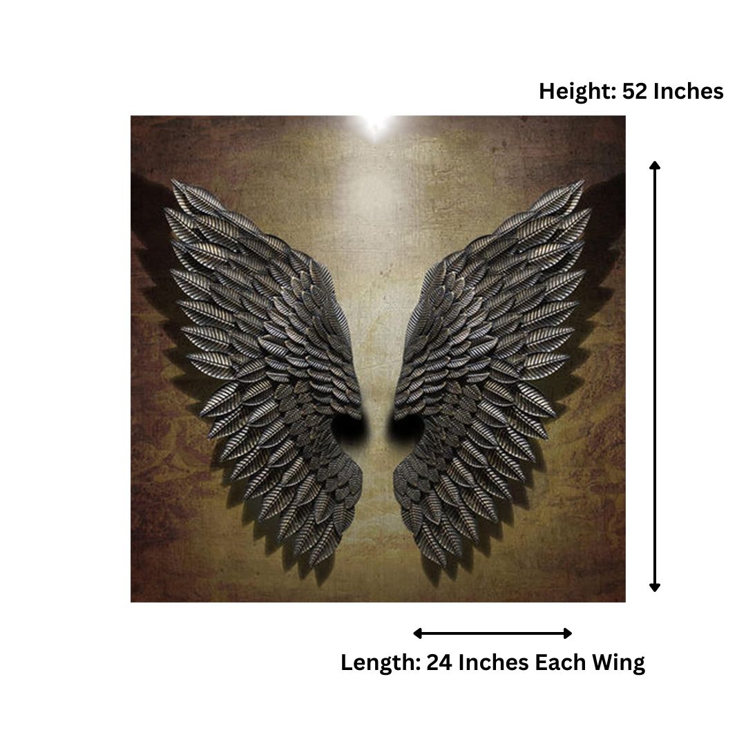 Angel Wings Metal Wall Art for Living Room-Metal Wall Decor by Hansart Made of High-Quality Iron Metal Anti-rust powder coating used for long lasting finish Set of 2 Approx Size mentioned for each wing: Height: 52 Inches; Length: 24 Inches Hanging Mechanism included Caring Instructions: Convenient Cleaning With Dry Cloth Perfect for your living room, bedroom, hall, office reception, guest room, and hotel reception The product is packed by professionals for safe delivery