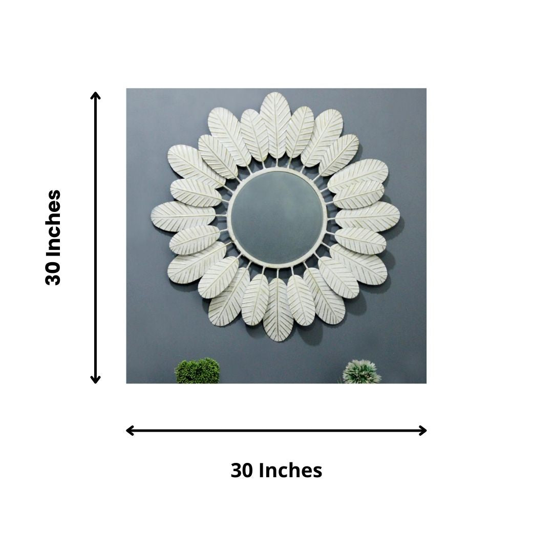 White Leaf Mirror Wall Décor for Living Room And Bed Room (30 Inches Dia.)-Home Decoration-Metal Wall Decor by Hansart Made of Premium-Quality Iron Metal Perfect for your living room, bedroom, hall, office reception, guest room, and hotel reception The product is packed by professionals for safe delivery Designed to make your home look complete "Hansart Made In India because India itself is an art".