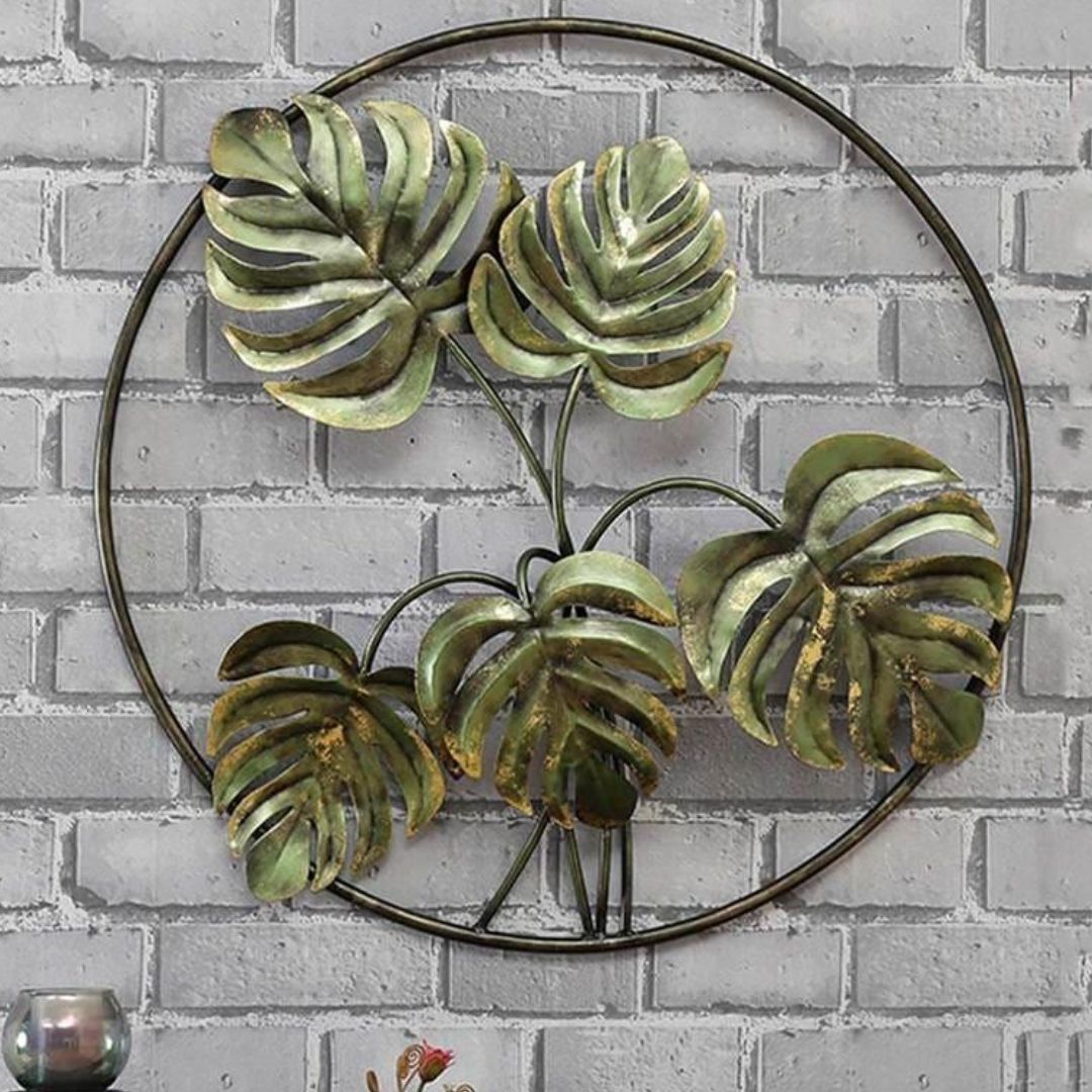 Palm Leaves In Ring Wall Art for Bed Room (29 Inches Dia.)-Home Decoration-Hansart-Metallic Nature Wall Decor by Hansart-Made of Premium-Quality Iron Metal Perfect for your living room, bedroom, hall, office reception, guest room, and hotel reception-The product is packed by professionals for safe delivery-Designed to make your home look complete-"Hansart Made In India because India itself is an art".