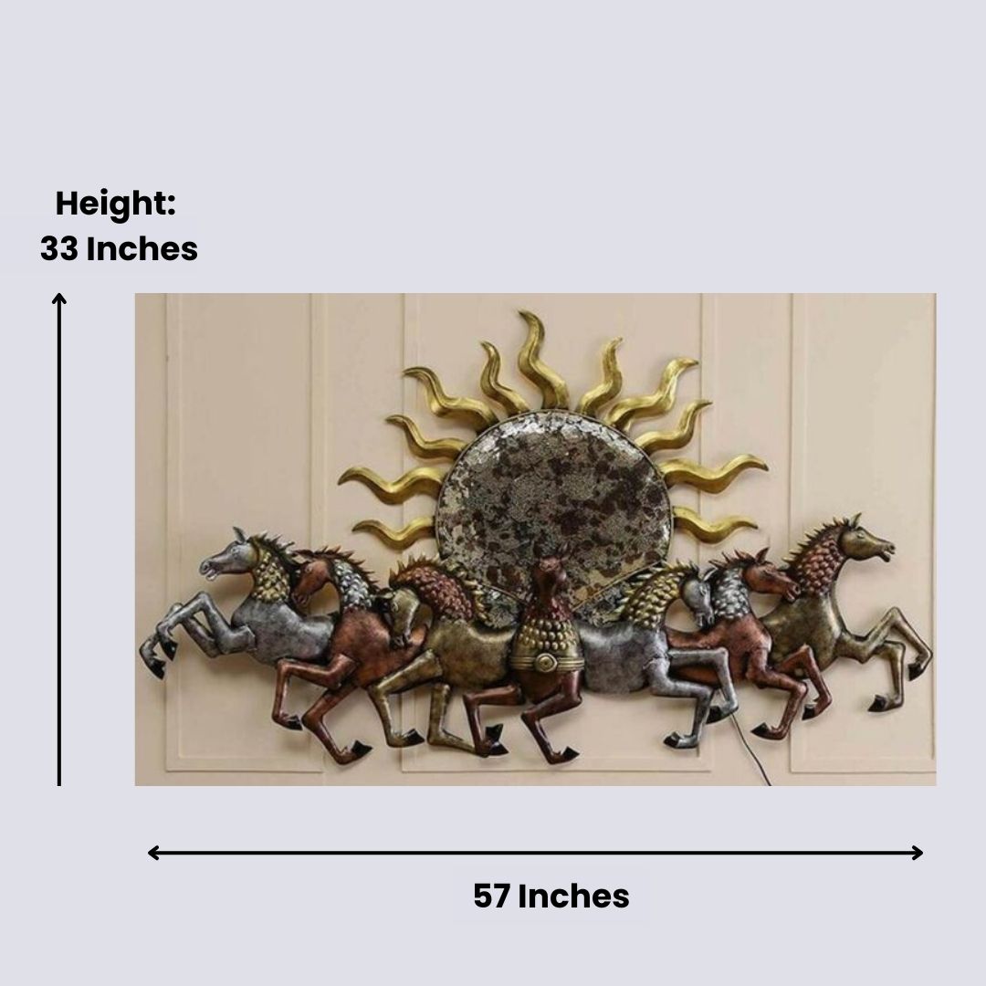 7 Horses With Sun Metal Wall Art-Made of High-Quality Iron Metal Anti-rust powder coating used Hanging Mechanism included Horse wall decor with led lighting Perfect for your living room, bedroom, hall, office reception, guest room, and hotel reception The product is packed by professionals for safe delivery Designed to make your home look complete Total Wall Coverage Area:  57 x 33 Inches