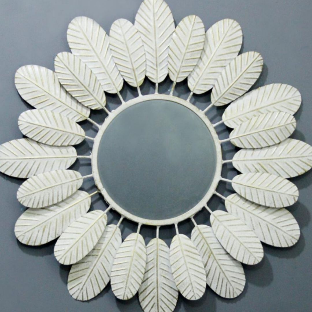 White Leaf Mirror Wall Décor for Living Room And Bed Room (30 Inches Dia.)-Home Decoration-Metal Wall Decor by Hansart Made of Premium-Quality Iron Metal Perfect for your living room, bedroom, hall, office reception, guest room, and hotel reception The product is packed by professionals for safe delivery Designed to make your home look complete "Hansart Made In India because India itself is an art".