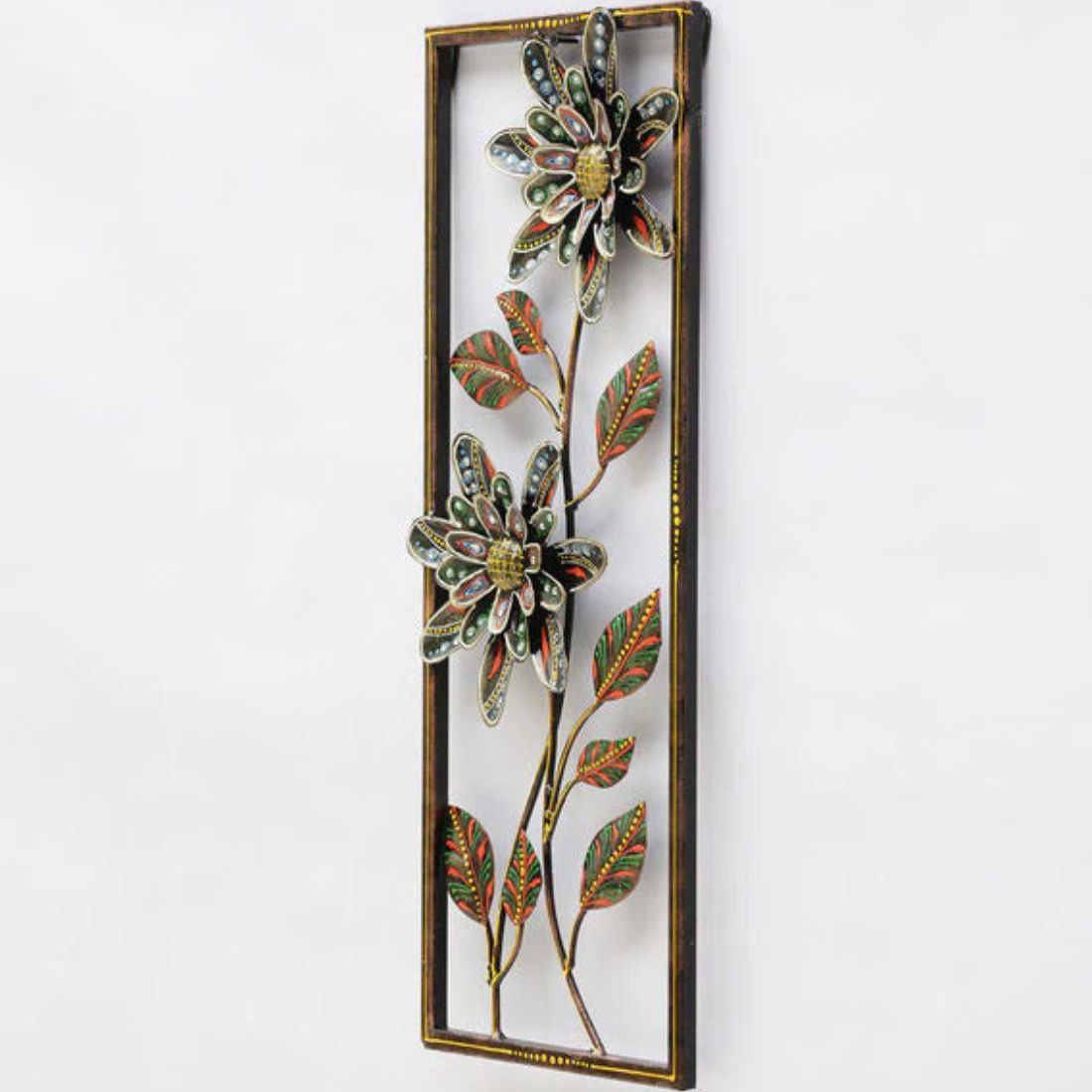 Blooming Flower and Leaves Vertical Frame Metal Wall Art (9 x 24 Inches)