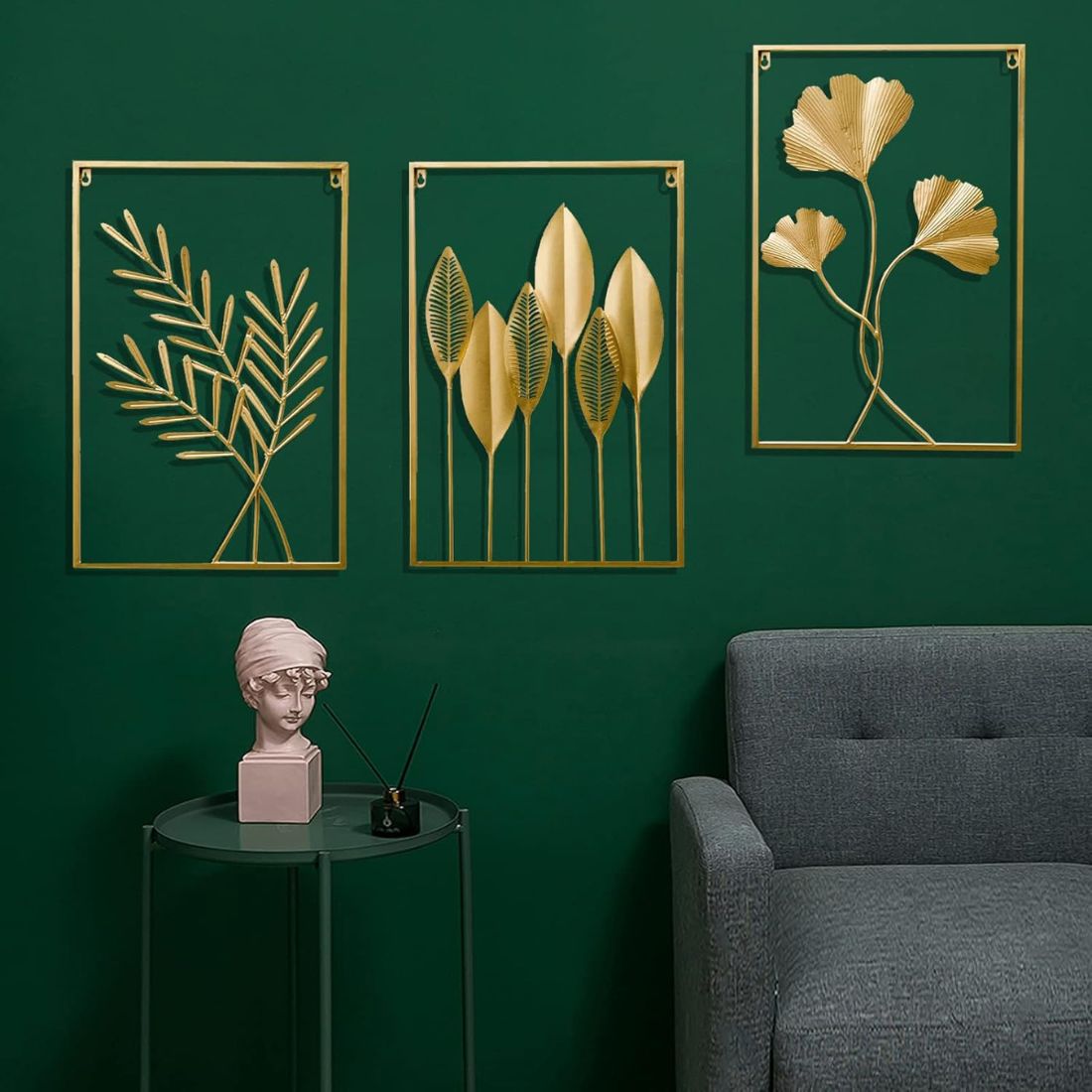 Set of 3 Frames with Golden Leaves Metal Wall Art (15.7 x 23.6 Inches)