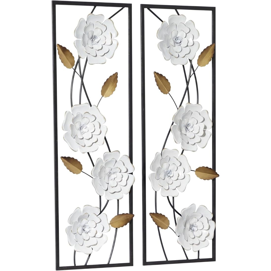 Set of 2 White Blooming Beauty Frames Nature Metal Wall Art (12 x 36 Inches)