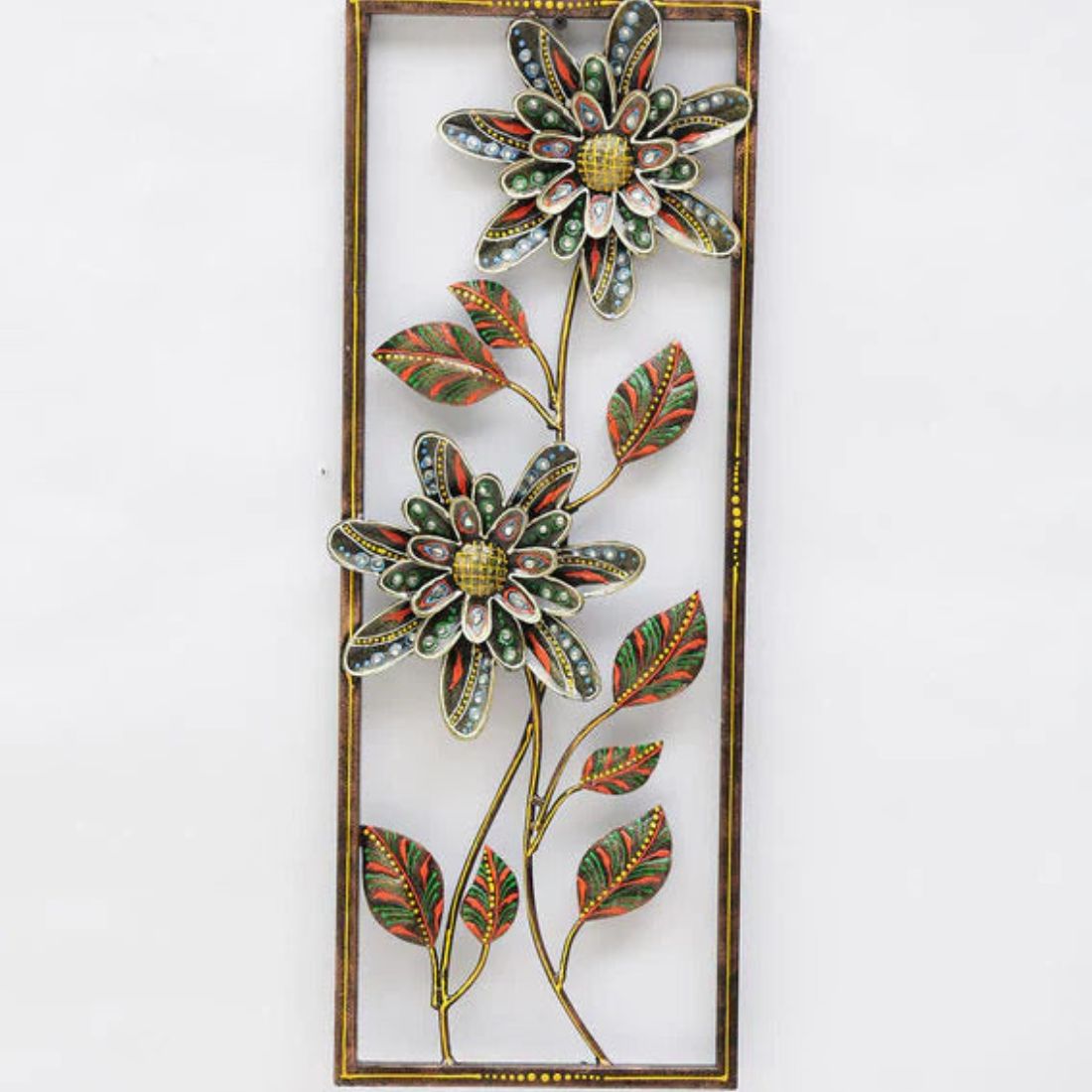 Blooming Flower and Leaves Vertical Frame Metal Wall Art (9 x 24 Inches)