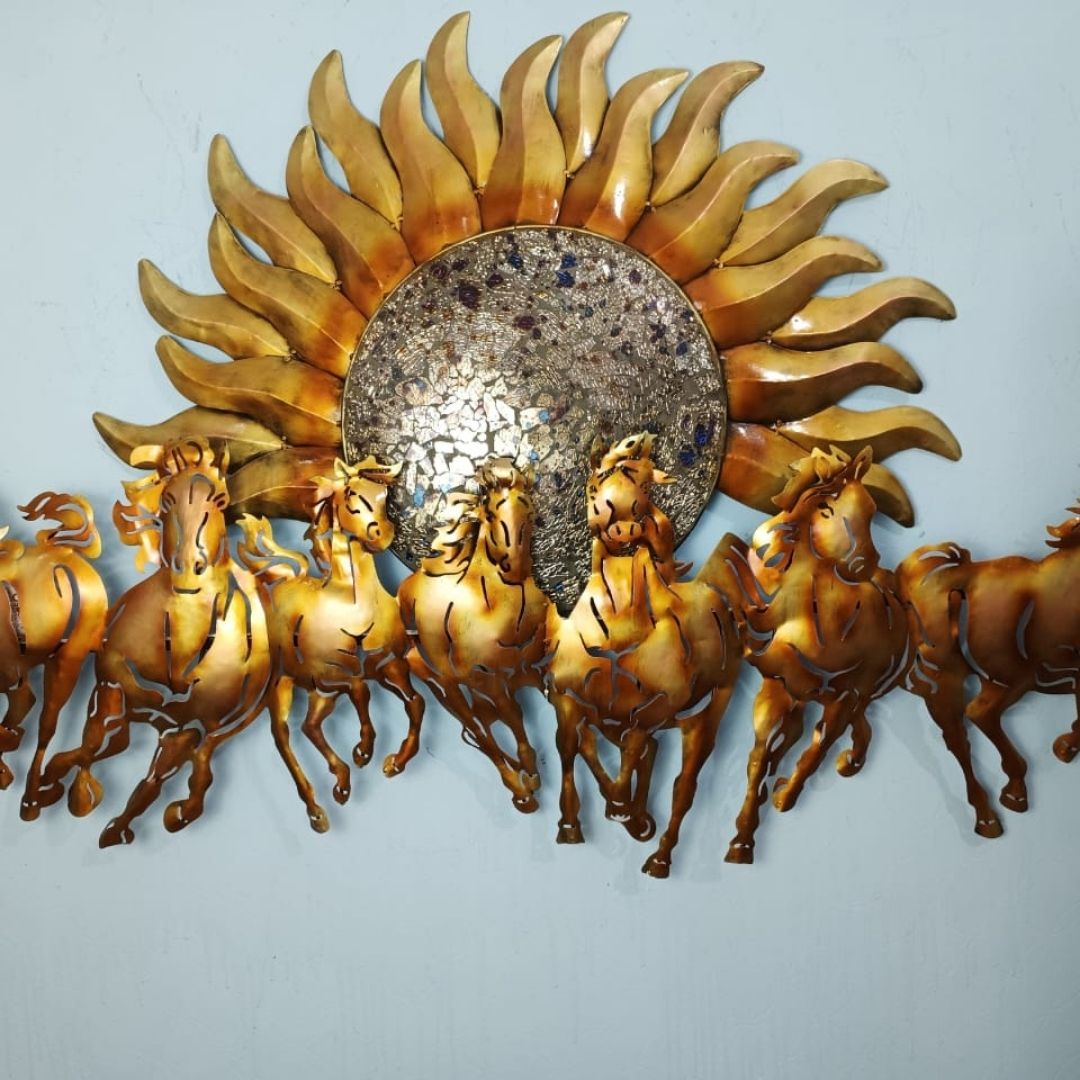 Beautifully crafted from premium-quality iron metal, this exquisite metal wall art features an elegant design of 7 horses with a sun in the center. This eye-catching piece is sure to bring a unique, stylish touch to any wall. Experience the beauty and power of 7 horses galloping in the sun with our stunning wall art. Crafted with anti-rust powder coating, this piece of art will remain vibrant and beautiful for years to come. Enjoy 57 x 33 inches of majestic elegance in your home