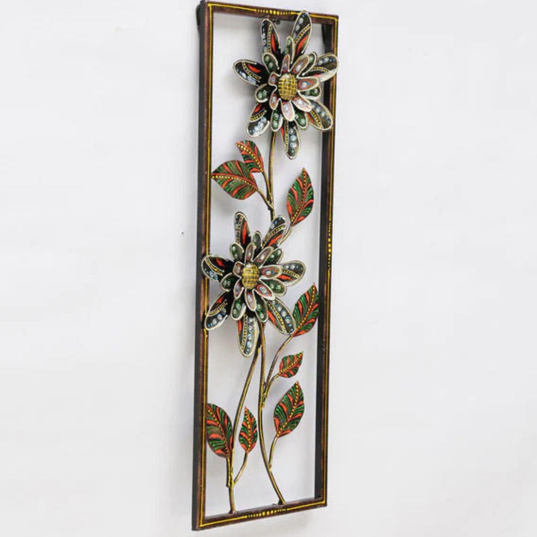 Blooming Flower and Leaves Vertical Frame Metal Wall Art (9 x 24 Inches)