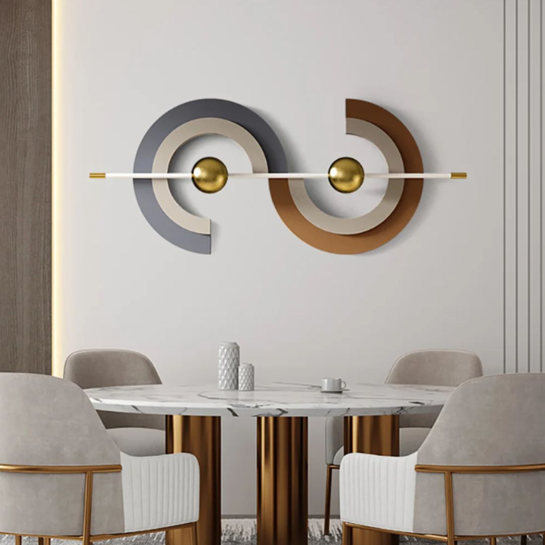 Geometric Harmony in Gold and Grey Metal Wall Art (48 x 18 Inches)