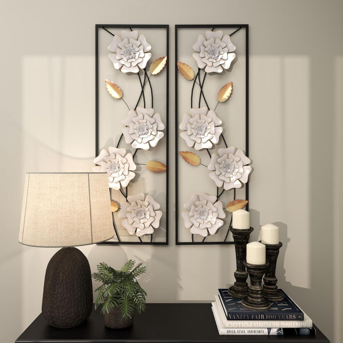 Set of 2 White Blooming Beauty Frames Nature Metal Wall Art (12 x 36 Inches)