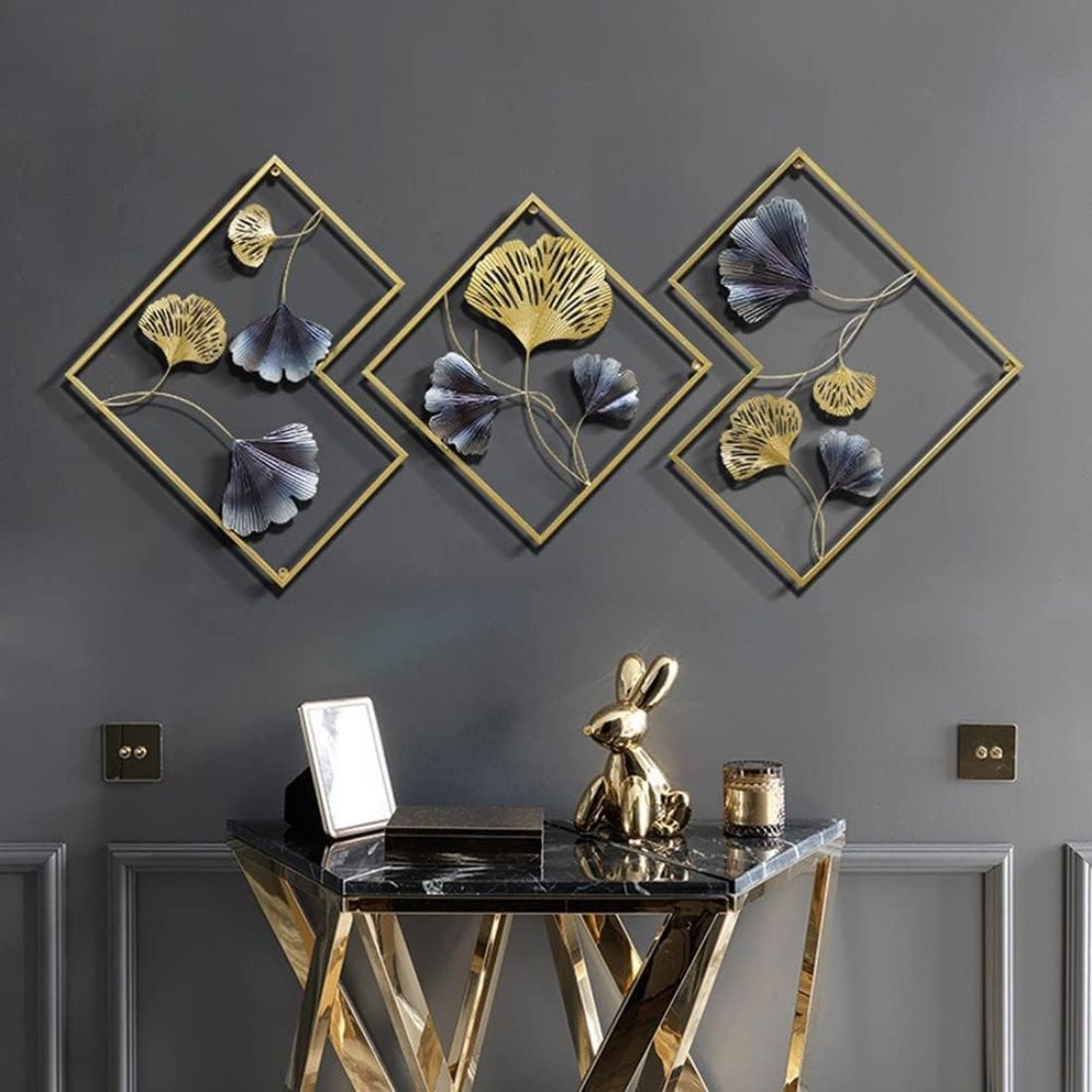 Split Panel Leaves Diamond Frames Metal Wall Art (60 x 21 Inches)