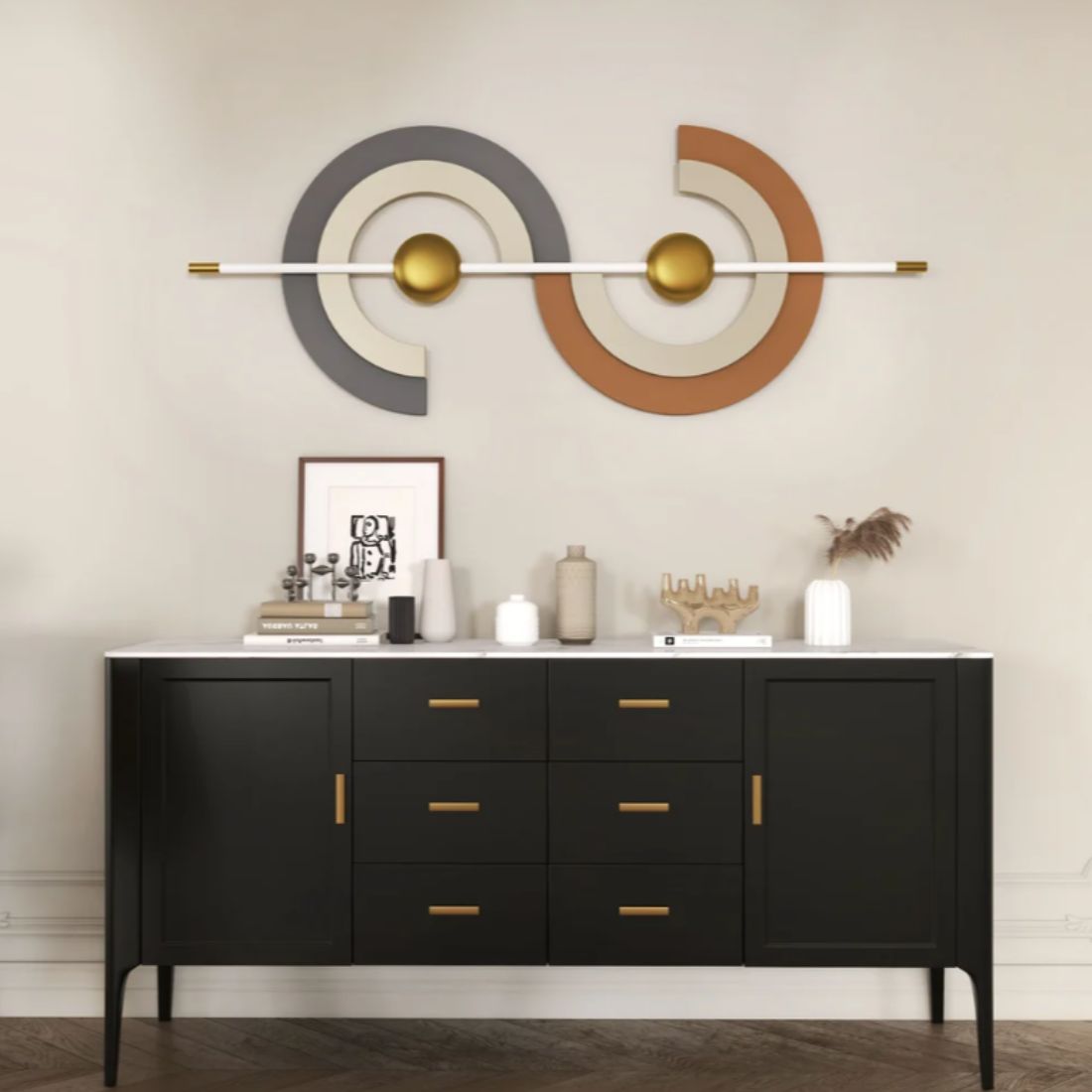 Geometric Harmony in Gold and Grey Metal Wall Art (48 x 18 Inches)