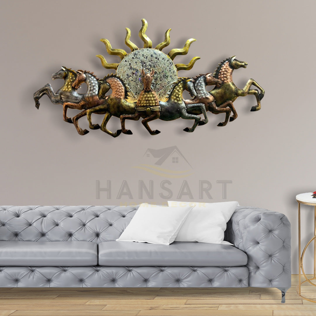 7 Horses With Sun Metal Wall Art-Made of High-Quality Iron Metal Anti-rust powder coating used Hanging Mechanism included Horse wall decor with led lighting Perfect for your living room, bedroom, hall, office reception, guest room, and hotel reception The product is packed by professionals for safe delivery Designed to make your home look complete Total Wall Coverage Area:  57 x 33 Inches